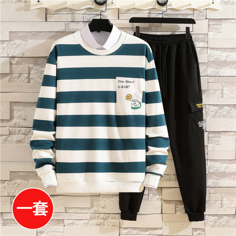 Autumn fitted boy striped long sleeve T-shirt suit CUHK boy 12-15-year-old fat boy 13 junior high school boy handsome two sets