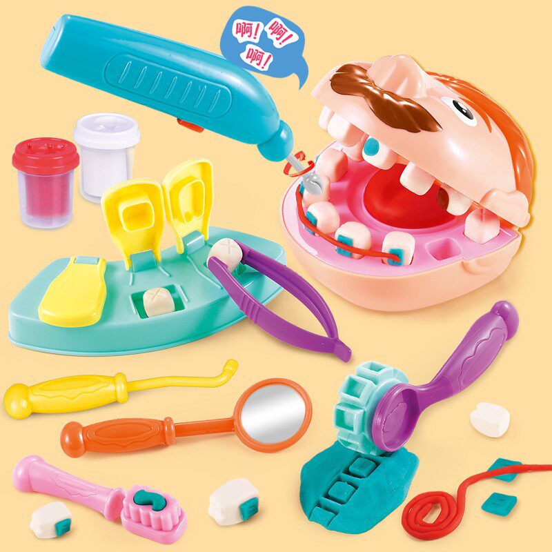 2-4-6-year-old children's color clay dentist toy set group eco-friendly dress home wine rubber clay plucking clay molds