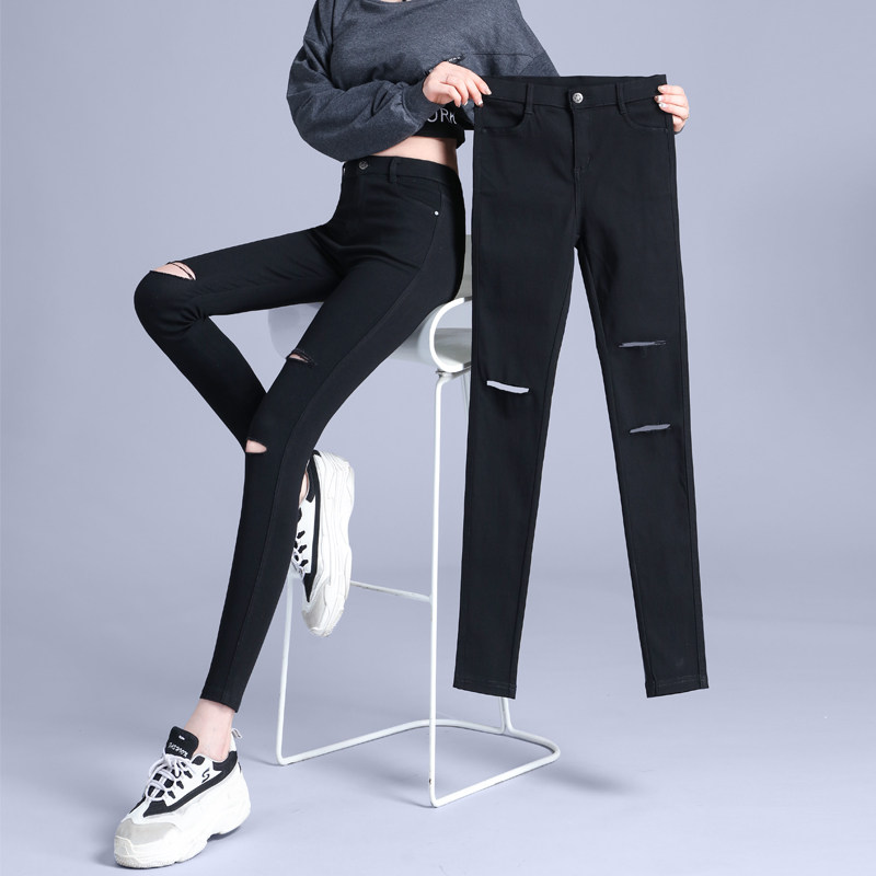 Ripped leggings women wear summer thin 2022 new high-waisted skinny little feet small black pants black pants