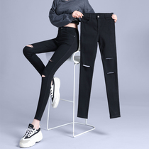Holes leggings women Autumn wear 2021 New High waist thin autumn winter small feet black pants black pants spring and autumn