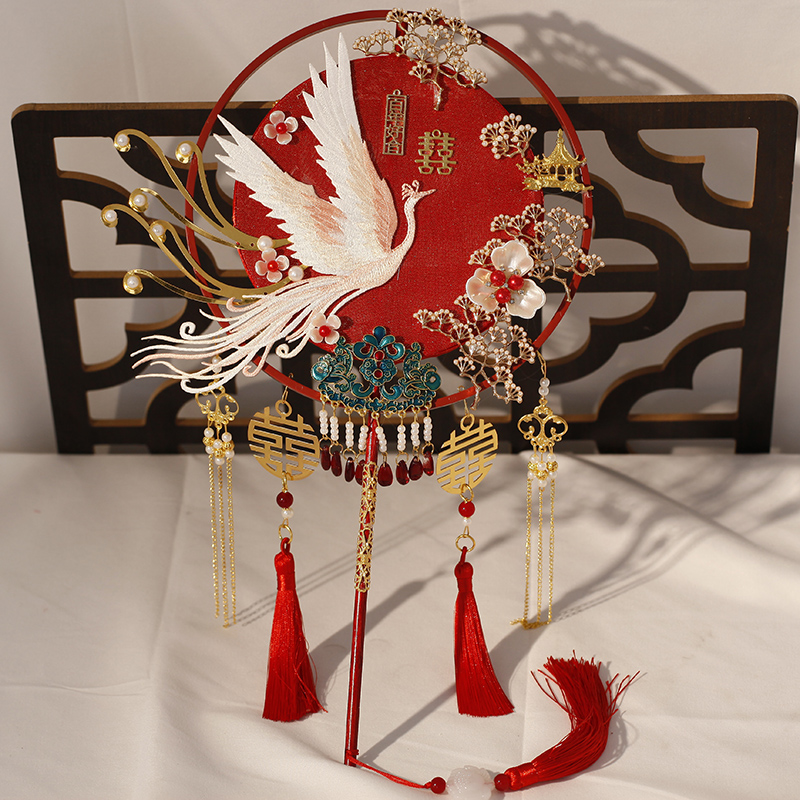 Bride wedding group Festive Fan Diy Material Bag Wedding Holding Fan Phoenix Hanfu Double Ring Wedding Fan Finished-Taobao