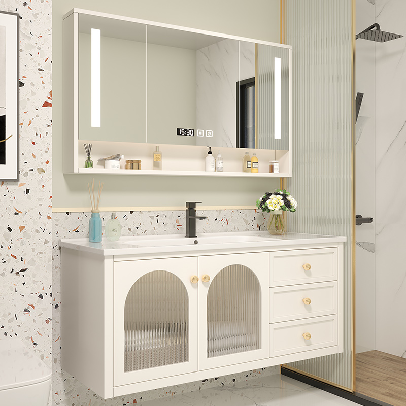 French oak bathroom cabinet smart mirror wall-mounted washbasin beige washbasin warm tone combination cabinet can be customized