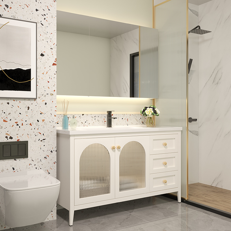 French oak floor-to-ceiling bathroom cabinet smart mirror washstand washbasin rice milk white warm tone combination cabinet can be customized - Taobao