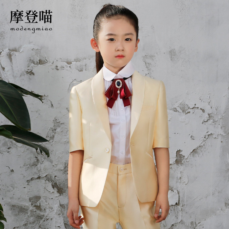 Girl Suits Suit 2022 New Summer Short Sleeve Golden Children Gown Chair Walk Show Piano Performance Little West Suit