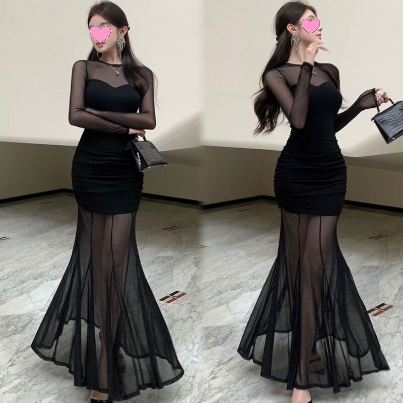 Black Mesh French-Style Elegant and Sophisticated Long-Sleeve Dress for Women, Sexy Waist-Cinching Bodycon Fishtail Dress