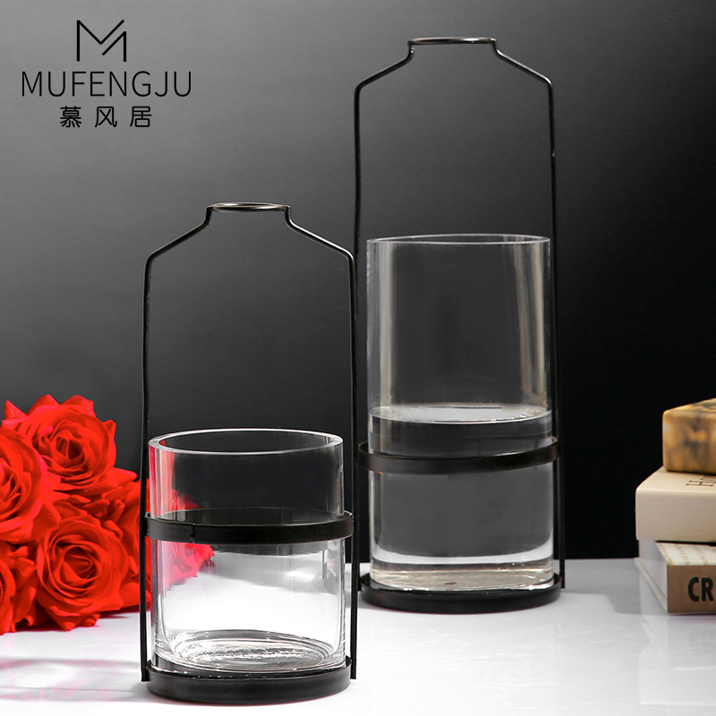 Nordic creative wrought iron glass vase ornaments modern simple living room dining table flower arrangement dried flower decoration transparent flower
