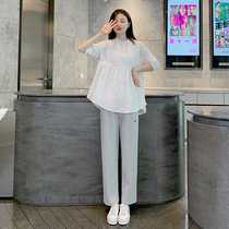 Pregnant woman Fashion suit Summer dress New Korean version loose Lean Ocean Hot Mother Pure Cotton Shirt Casual Pants Two Pieces