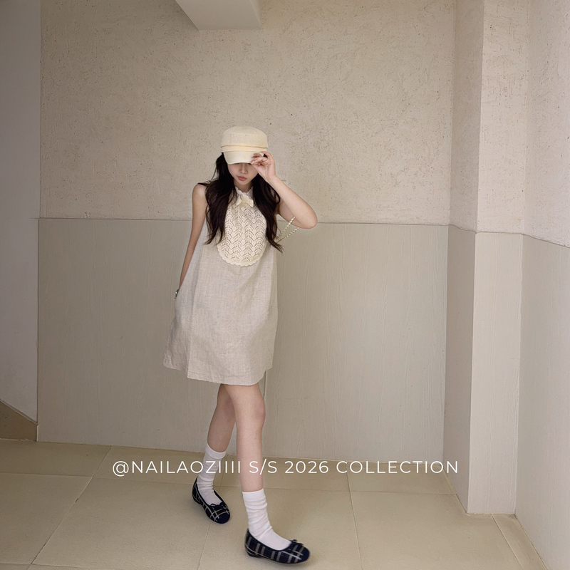 Nailaoziiii Korean Style Lace Patchwork Sleeveless Dress Slimming Linen A-Line Short Skirt Casual Tank Top Dress