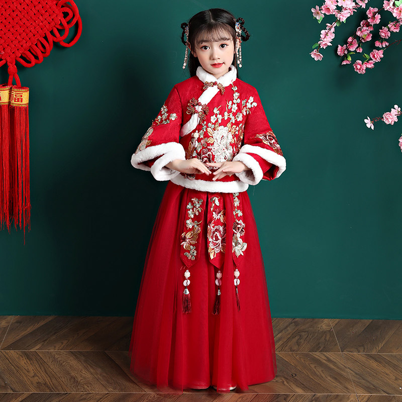 Hanfu girls autumn and winter clothes thick children's New Year Tang costumes New Year clothes baby new year clothes Chinese style costume super immortal
