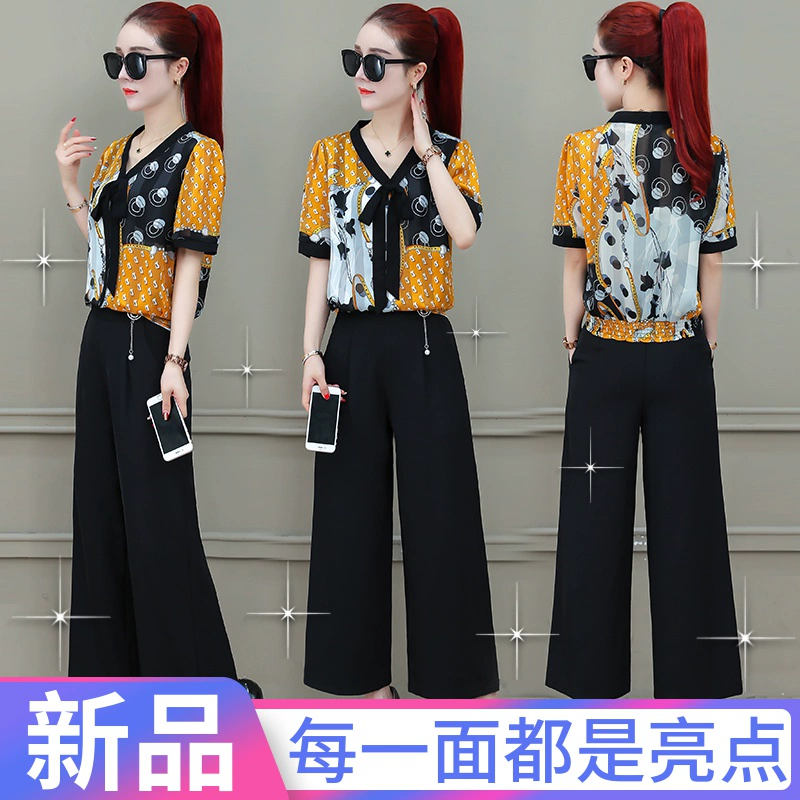 Áo voan nữ mùa hè 2020 tay ngắn in màu XL khâu ren nơ cổ chữ V - Áo sơ mi chiffon ren