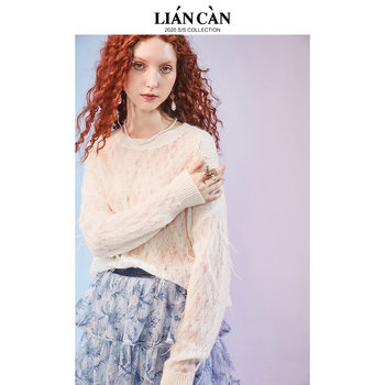 Liancan autumn and winter new round neck jacquard commuting beads loose long sleeve tassel pullover thin sweater 7120334001