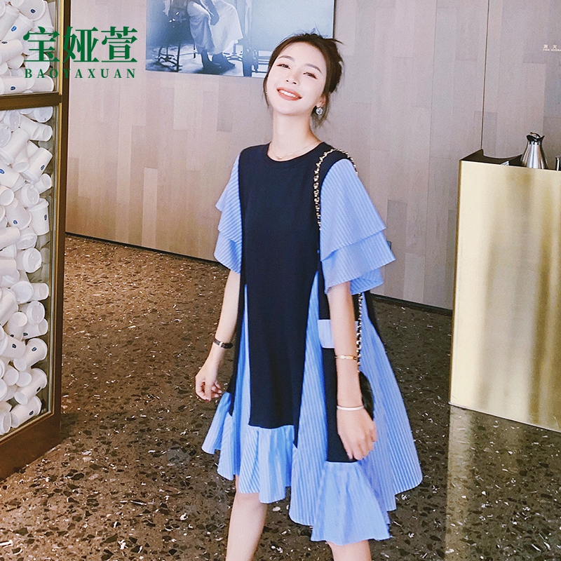 2021 Summer gestational woman dress in pure cotton net red T-shirt Small Spicy Mother Loose large size Trumpet Sleeves A dress
