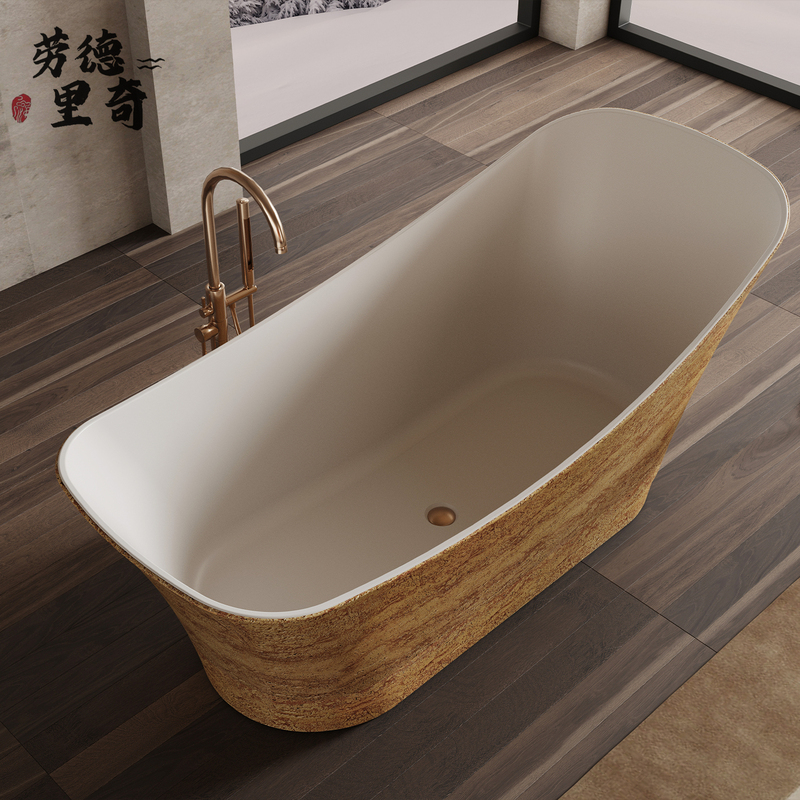 Retro Art Floor-Standing Bathtub with Beige Travertine Texture Shell, Home Indoor Double Large-Capacity Independent Soaking Tub Retro Art Floor-Standing Bathtub with Beige Travertine Texture Shell, Home Indoor Double Large-Capacity Independent Soaking Tub