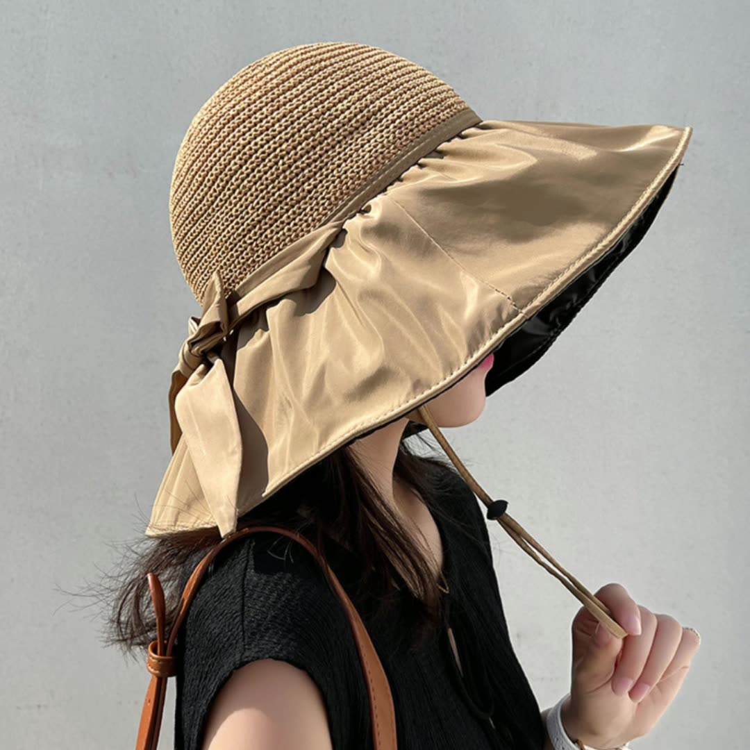 Black glue bow hat women's summer hollow straw hat UV big brim cover face sunscreen sun fisherman hat