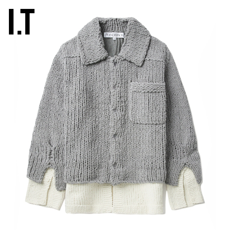 It Jw Anderson Men's Fake Two-Piece Knitted Cardigan New Retro Layered Coarse Knit Jacket 195351Mn