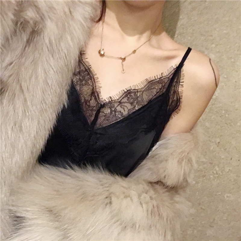 Black genuine silk harness vest woman in suit with sexy blouse lace V collar spring autumn beat bottom sleeveless vests