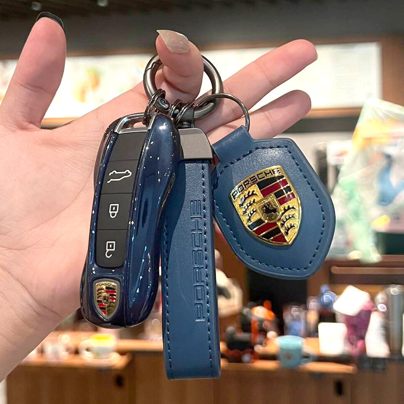 Porsche Key Case Midnight Blue 718Macan Cayenne Panamera 911Taycan Plug-In Keychain