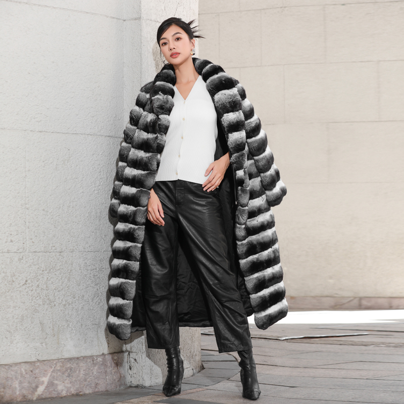 Bello Fur C22568 Original Color 3Xd Blue Purple Chinchilla Mid-Length Large Lapel Thick Fur Coat for Women