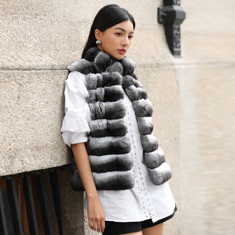 Bello Fur C22507 Original Color 3Xd Blue Purple Chinchilla Fur Stand Collar Warm Sleeveless Vest Jacket for Women