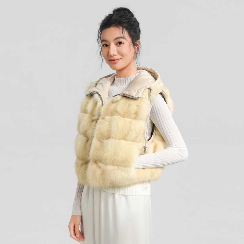 Bello Fur S225316 Italian Rare Light Yellow Casual Hooded Comfortable Fur Vest Jacket