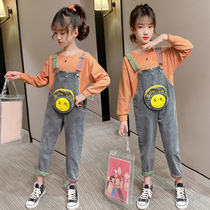 Girls denim strap pants Spring and Autumn Mid-Big Childrens foreign style loose trousers Childrens fashion trend casual pants
