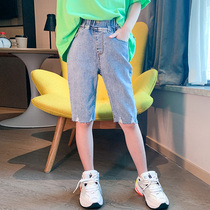 Girls denim shorts summer clothes middle-aged childrens foreign-style elastic five-point pants childrens summer wear thin pants