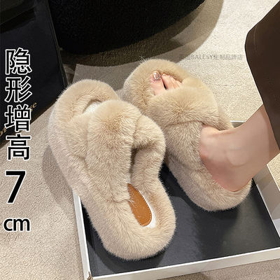 British thick-soled woolen slippers for women's outerwear 2026 new style autumn and winter height-increasing woolen warmth home one-line cotton slippers