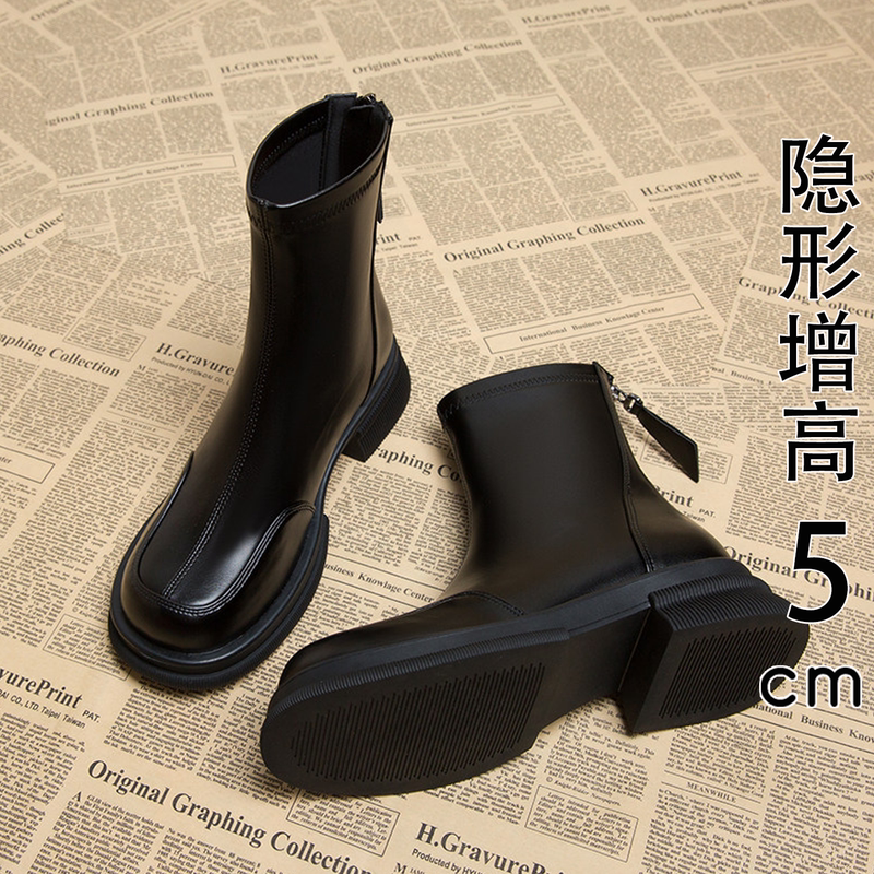 Genuine Leather Black Martin Boots for Women, 2026 New Autumn Style, Back Zipper, Versatile Chunky Heel, Stretchy Slim Boots