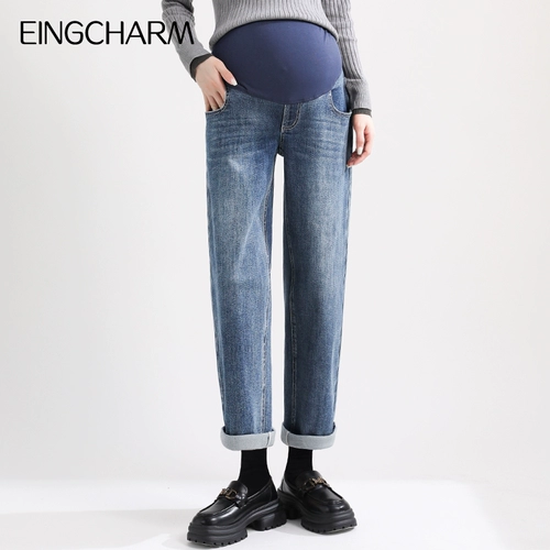 Демисезонные джинсы для беременных, весенние осенние утепленные штаны, большой размер, свободный прямой крой