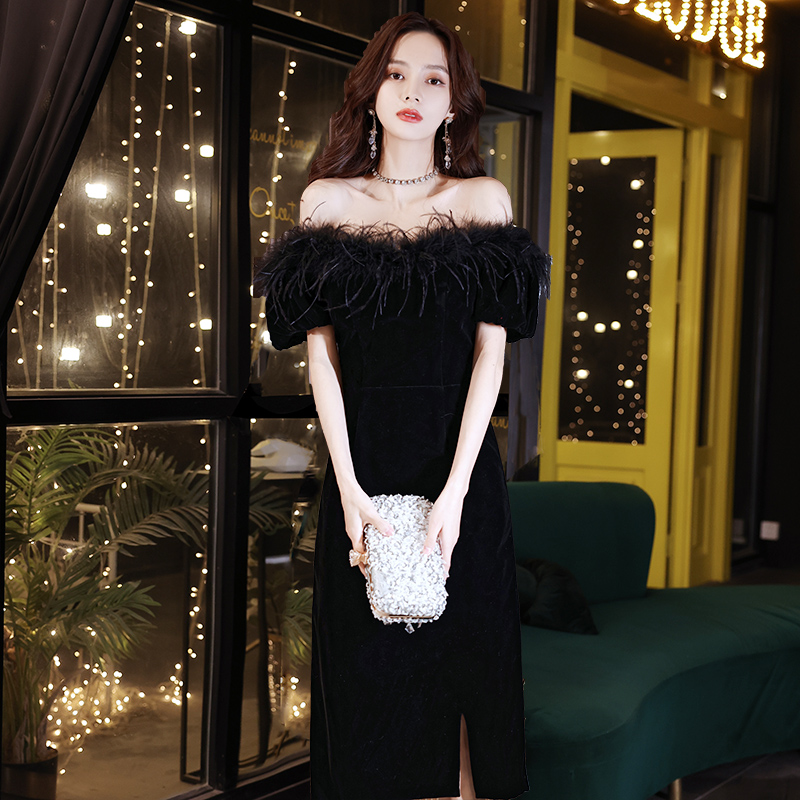 Elegant advanced elite black evening dress, high-quality style, open shoulders, Birthday gift