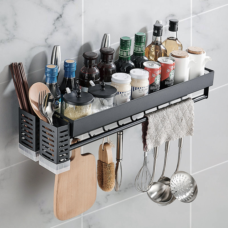 Kitchen rack chopsticks basket household wall-mounted knife rack seasoning tank rack multi-function spatula spoon storage layer rack free punch
