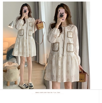 Maternity Spring Dress 2023 New Round Neck Top Fashion Loose Belly Covering Embroidered Mid-Length Skirt