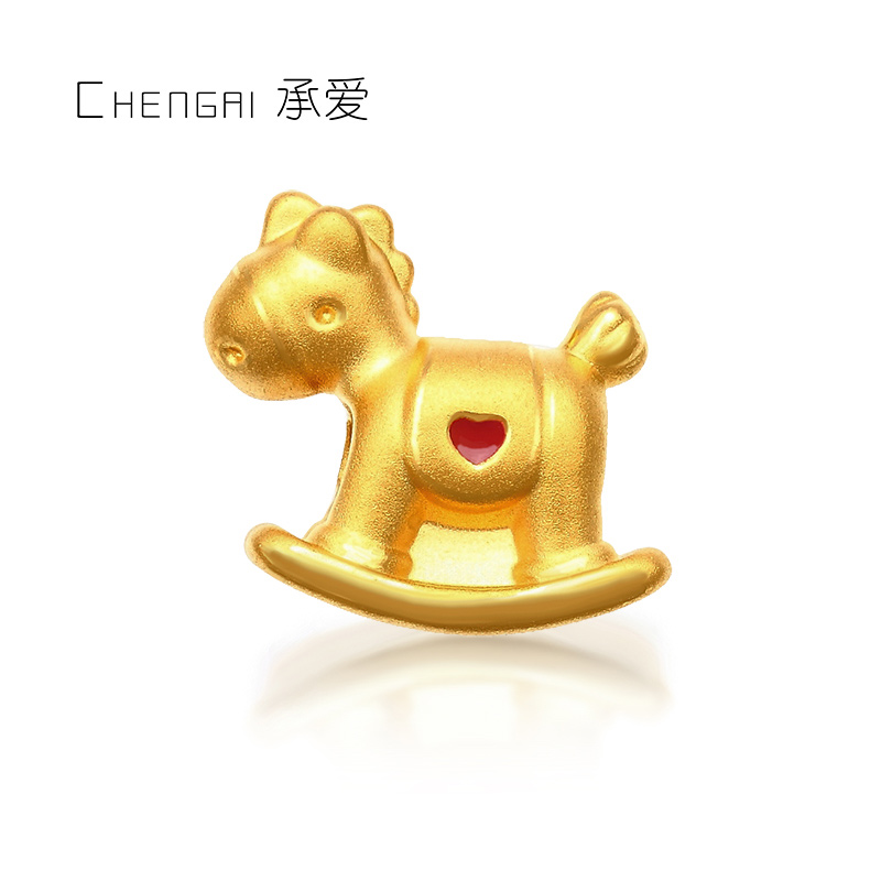 Small Trojan horse gold hand chisel female 999 pure gold 3D hard gold zodiac horse pure gold transfer bead leather rope bracelet boy baby