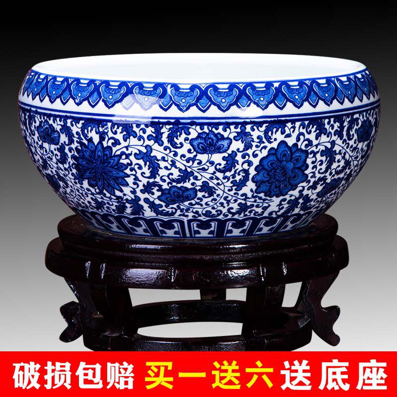 Jingdezhen ceramic fish tank round ancient blue and white porcelain fish tank mini fish pot narcissus tank courtyard living room porcelain tank