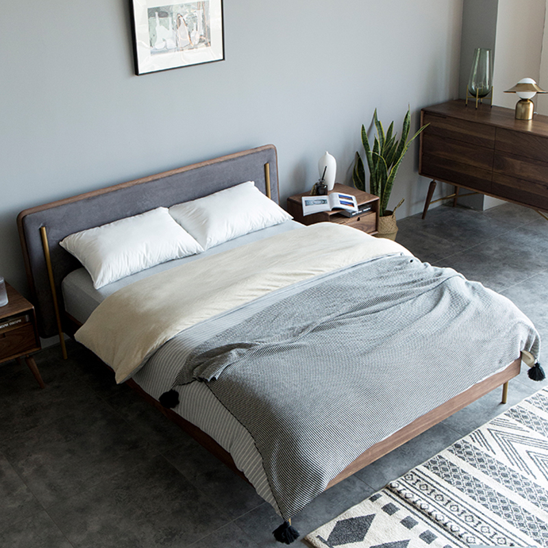 Minimalist modern light luxury Nordic solid wood double bed 1 5 m 1 8 m Soft bunk cloth art Bedroom Children full solid wood bed