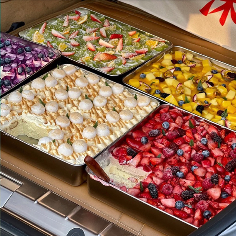 Stainless steel square plate flat-bottomed tiramisu container cake dessert making trunk booth stall large iron square box