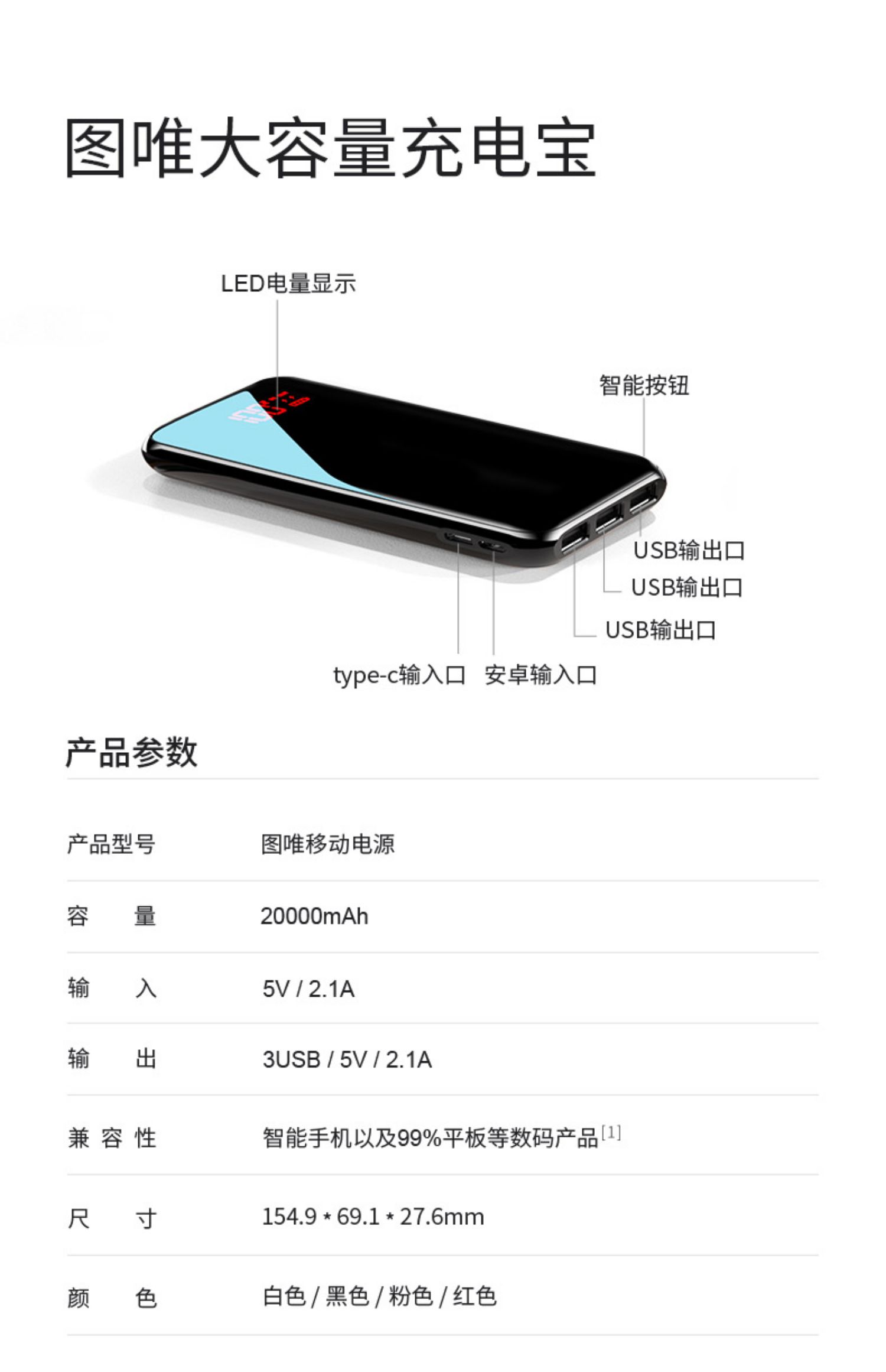 20000毫安 苹果安卓通用 镜面屏充电宝 图4