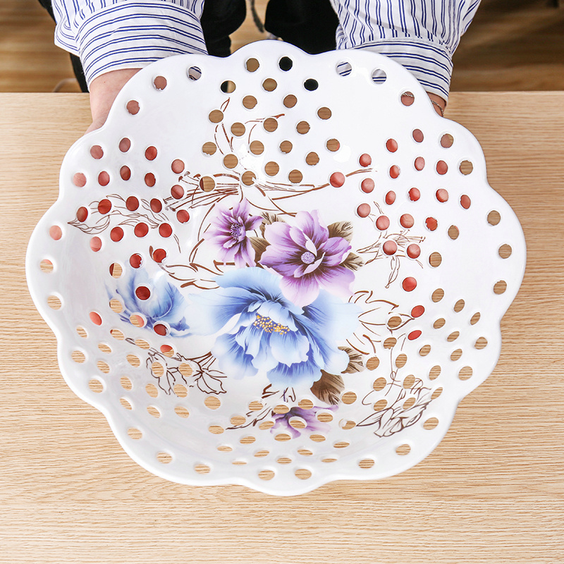 Creative Imitation Porcelain Water Fruit Basket Living Room Tea Table Plastic Dry Fruit Pan Hollowed-out Basket Zero Food Pan Home Candy Blue