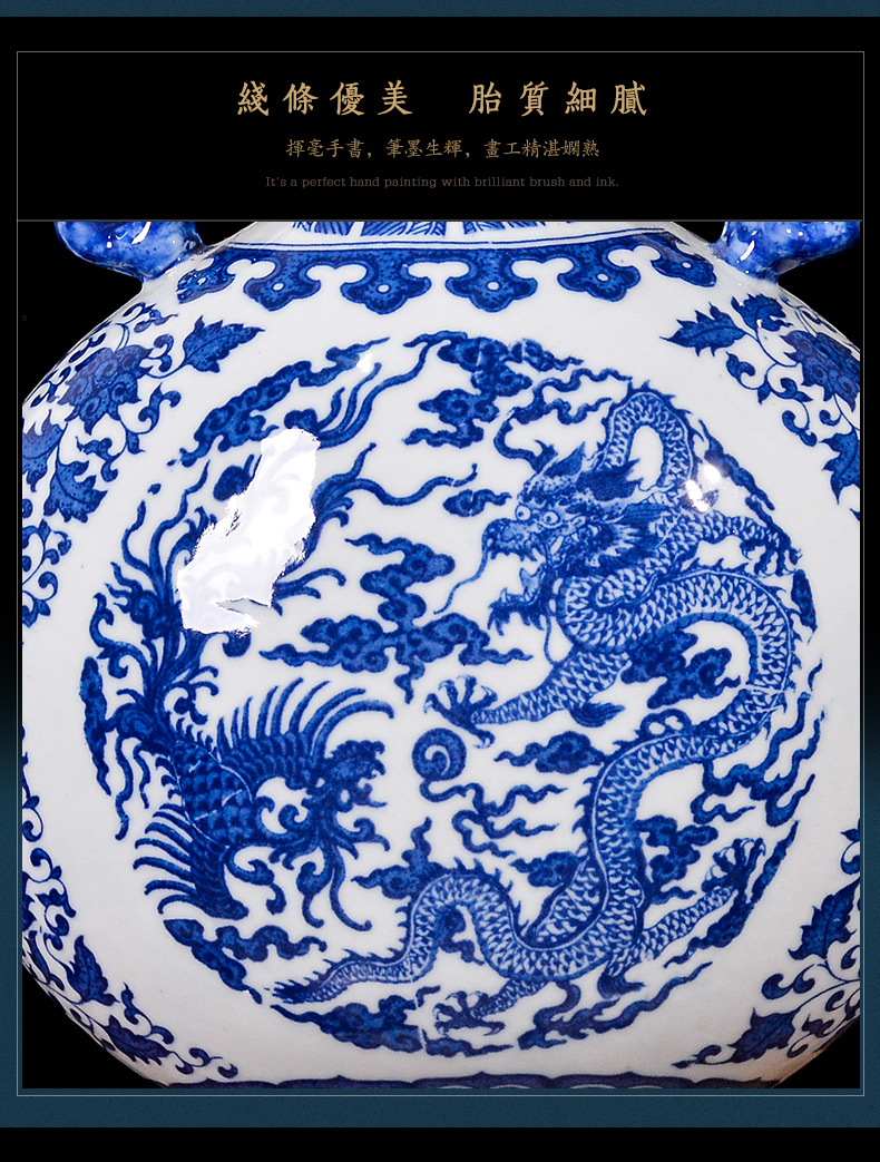 Jingdezhen blue and white ears longfeng vase Chinese style household ceramics archaize sitting room study TV ark, furnishing articles