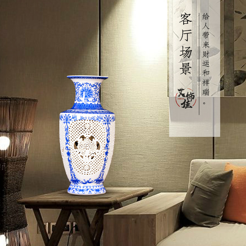 Blue and white porcelain of jingdezhen ceramics hollow - out vases, flower arranging new Chinese style living room porch TV ark adornment furnishing articles