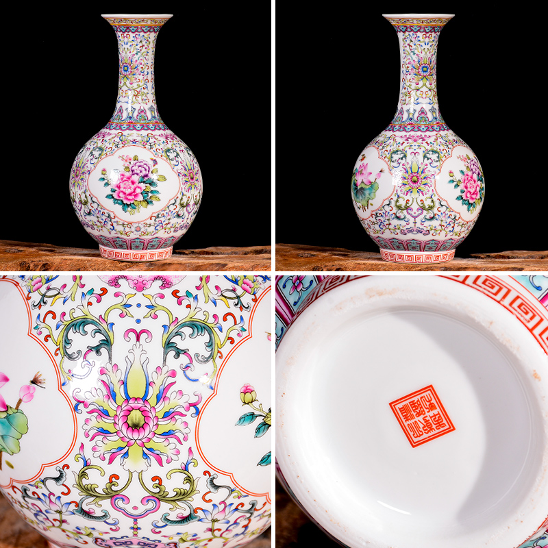 Jingdezhen ceramics powder enamel thin foetus vase dry flower arranging rich ancient frame sitting room adornment of Chinese style household furnishing articles