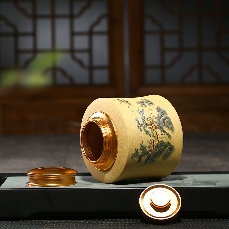 Yixing purple sand painting bamboo caddy fixings bract matsushige home tea house sitting room tea pot pottery tea cylinder