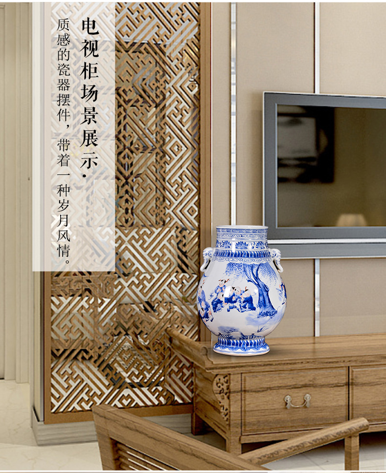 Jingdezhen blue and white lad vase Chinese antique ceramics ears sitting room rich ancient frame TV ark, flower arranging furnishing articles