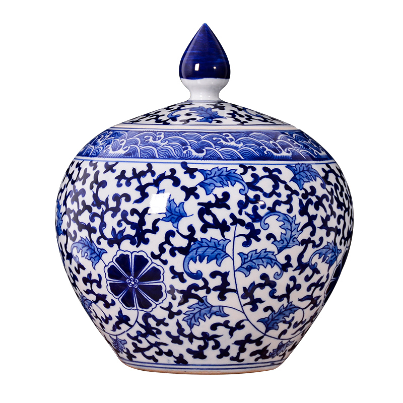 Jingdezhen ceramics pu 'er tea pot with cover seal Chinese blue and white porcelain decoration furnishing articles large sitting room