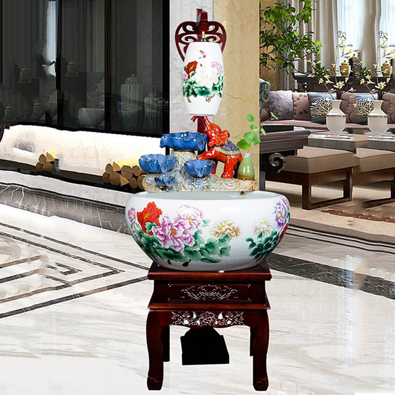 Jingdezhen ceramic aquarium with lamp ornamental fish bowl sitting room circulating water filter rockery fountain water crafts