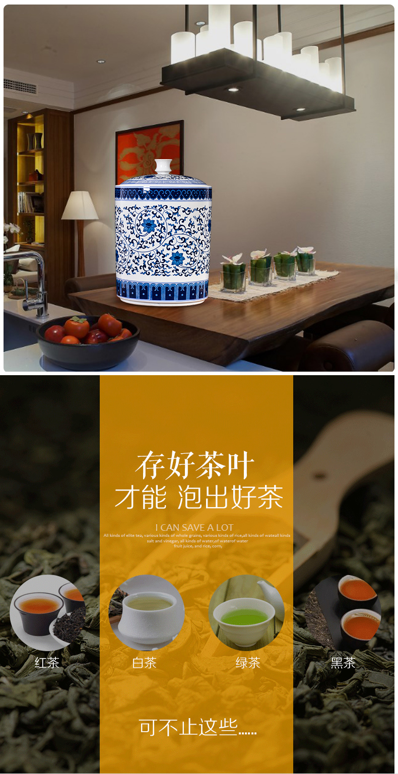 Jingdezhen ceramics large blue and white caddy fixings storage tank sealed moisture - proof puer tea pot wake POTS with cover