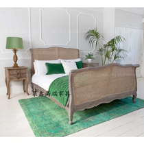 American country solid wood rattan double bed log distressed rattan art Nordic creative post-modern wedding bed B&B furniture