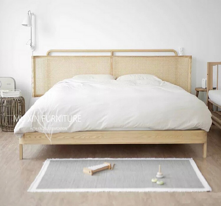 Nordic Solid Wood Rattan Bed Bedroom Personality Creative Double Bed Method Original Wood Color Designer Minjuku Wedding Bed-Taobao