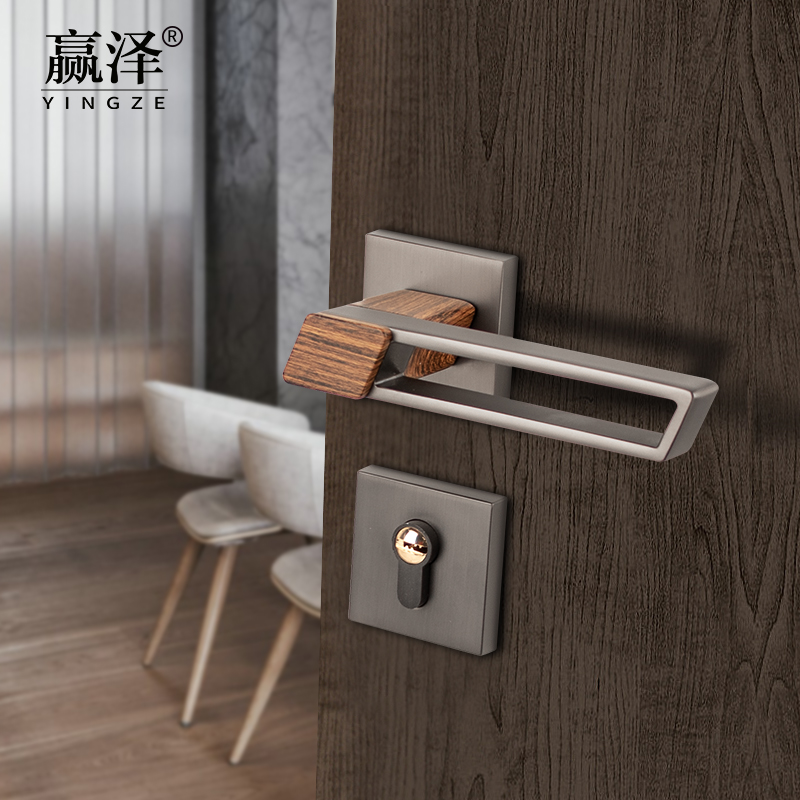 Nordic Wind Pole Brief Two-style door lock wood grain mute magnetic attraction indoor bedroom house door universal new Chinese door lock