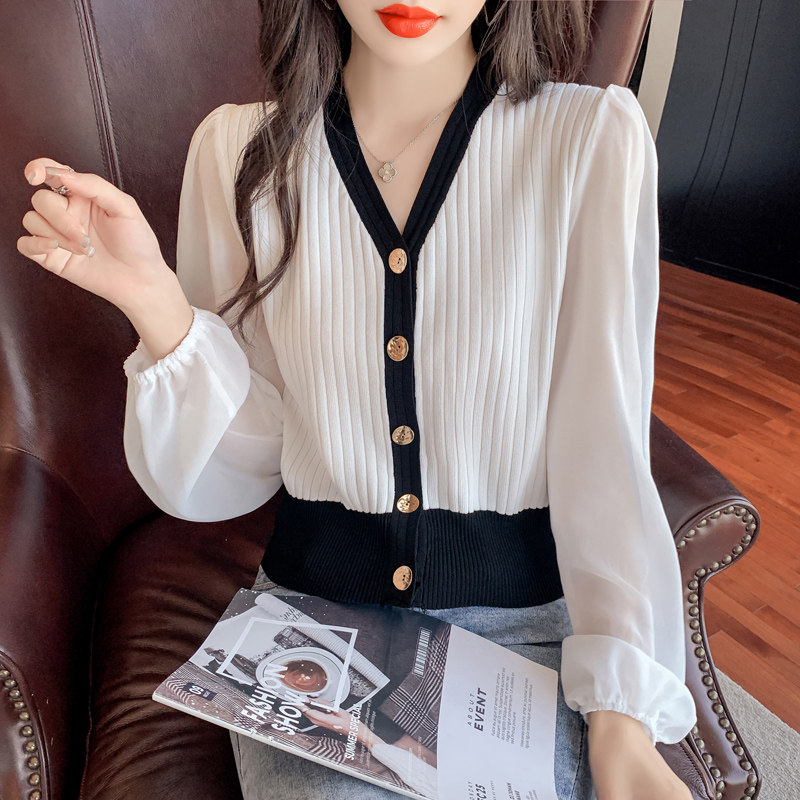 Autumn thin French retro V-neck chiffon knitted cardigan women's design niche loose long-sleeved chic top